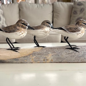 Three Wooden Sandpipers on a Log, hand carved and painted wooden sandpipers 6&#39;&#39;h x 4&#39;&#39;w x 14&#39;&#39;L