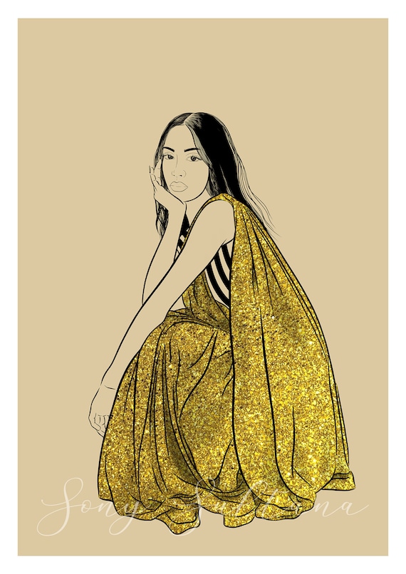Glitter Lady With Gold Saree/sari Line Art Poster Print Wall