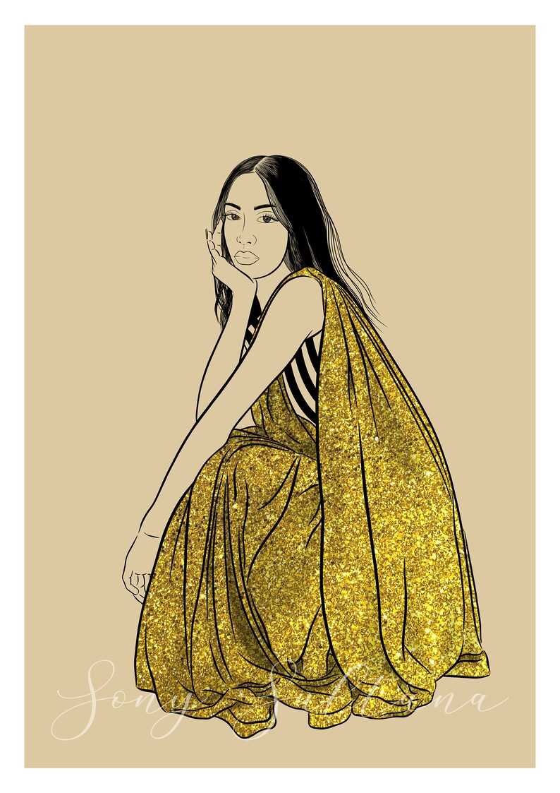 Glitter Lady With Gold Saree/sari Line Art Poster Print / Wall Etsy