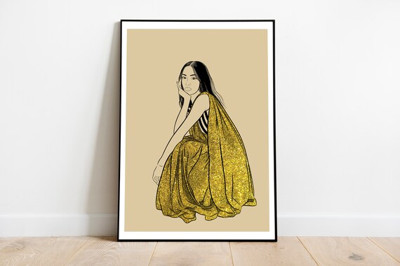 Glitter Lady With Gold Saree/sari Line Art Poster Print / Wall Print / Wall  Art - Etsy