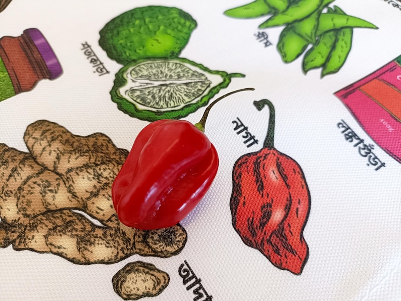 May include: A vibrant red habanero pepper rests on a white surface adorned with illustrated spices and text. The image includes drawings of ginger, a lime, and other ingredients, suggesting a culinary theme.