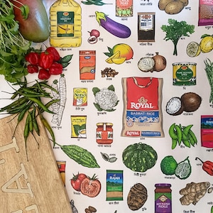 May include: A colorful illustration of various fruits, vegetables, and packaged goods, including mangoes, lemons, eggplant, and rice. The image features text in multiple languages, showcasing a diverse array of ingredients.