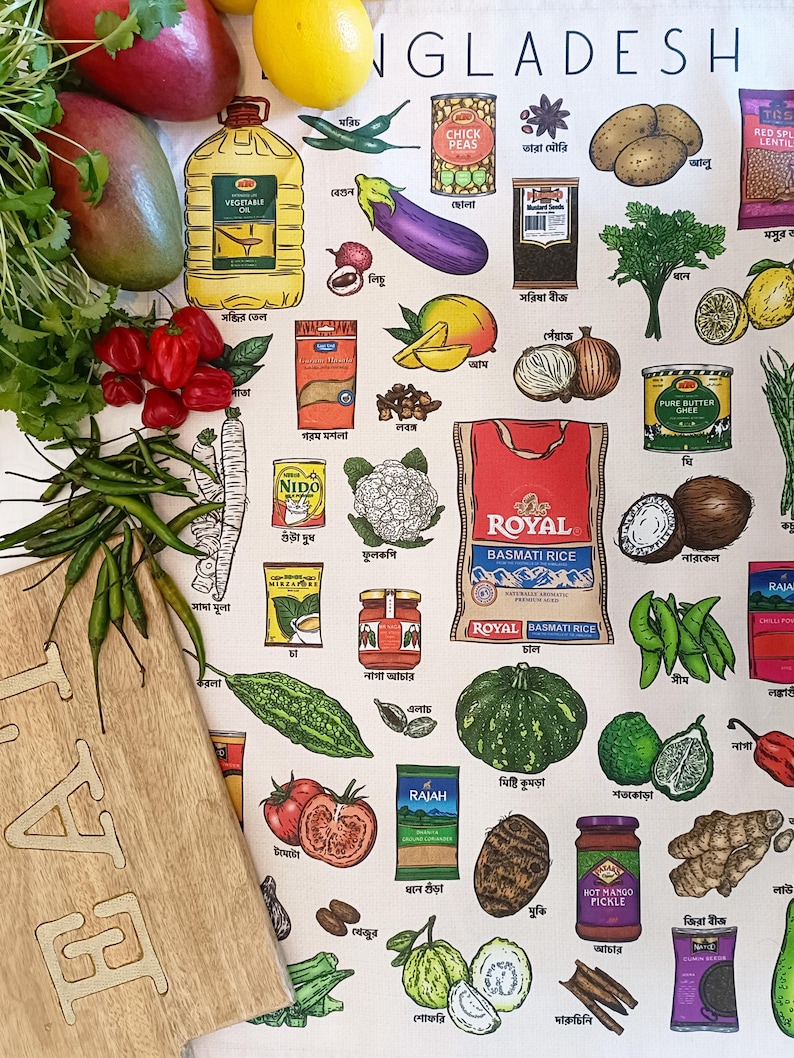 May include: A colorful illustration of various fruits, vegetables, and packaged goods, including mangoes, lemons, eggplant, and rice. The image features text in multiple languages, showcasing a diverse array of ingredients.