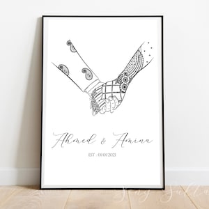 Personalised Name & Date Wedding Henna Mehendi Couple Holding Hands Art Print / Wall Print / Lineart Wall Art / Wedding Gift