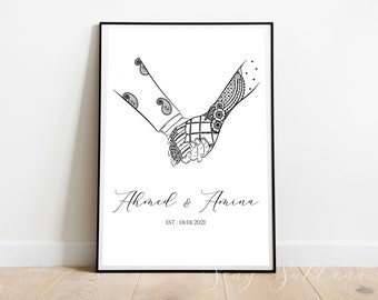 Nombre y fecha personalizados Boda Henna Mehendi Pareja tomados de la mano Impresión artística / Impresión mural / Lineart Arte mural / Regalo de boda