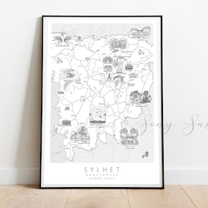 Mapa turístico de Sylhet, Bangladesh, con lugares emblemáticos en blanco y negro. Impresión artística/impresión mural/arte mural/decoración del hogar/arte mural de viajes.