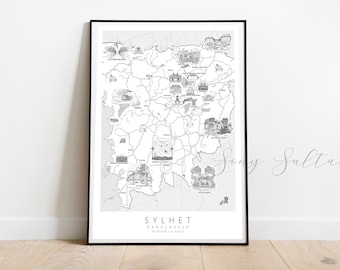 Sylhet Bangladesh Travel Map with Landmarks in Black and White Art Print / Wall Print / Wall Art / Home Decor / Travel Wall Art