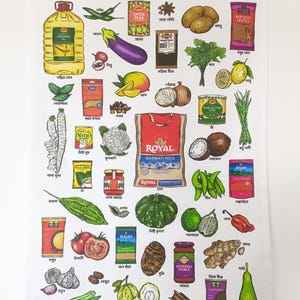 May include: White Bangladesh-themed kitchen towel featuring illustrations of various foods and spices, including vegetables, fruits, and packaged goods. The word "BANGLADESH" is printed at the top in black capital letters.
