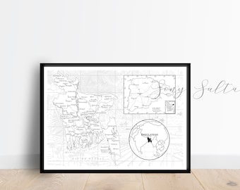 Bangladesh Travel Map Line Art in Black and White Art Print /Dhaka/ Sylhet / Wall Print / Wall Art / Home Decor / Travel Wall Art