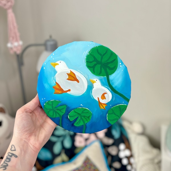 Handpainted Oil Painting + Round Canvas + Duck Butts + Lilypad + Water