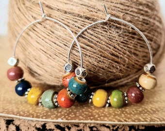 Chunky Beaded hoop Sterling Silver Hoop Earrings With rustic ceramic and Tibetan Beads Gift for her women 925 Bohemien autumn colours hoops