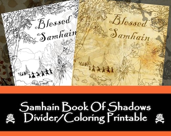 May include: A printable coloring page featuring a black and white illustration of a spooky forest scene with the text "Blessed Samhain". The scene includes a skeletal figure with antlers, a group of people dancing around a bonfire, and pumpkins.