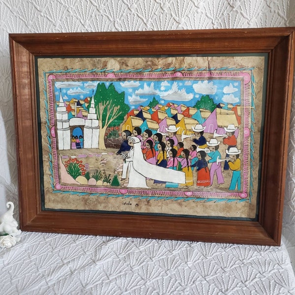1970s Mexican Wedding Amate Bark Paper Artwork, Rustic Home Wall Decor, Southwestern Home Decor, Handpainted Southwest Wedding Painting