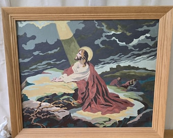 Vintage Jesus in the Garden of Gethsemane Painting: Framed Paint by Numbers Religious Art, Christian Themed Gallery Wall Art