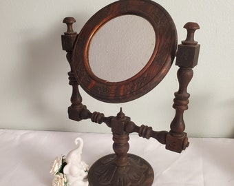 Victorian Wood Pedestal Shaving Mirror, Handmade Vanity Dresser Swivel Mirror, Dark Academia Gothic Bathroom Decor, Rustic Wood Accent