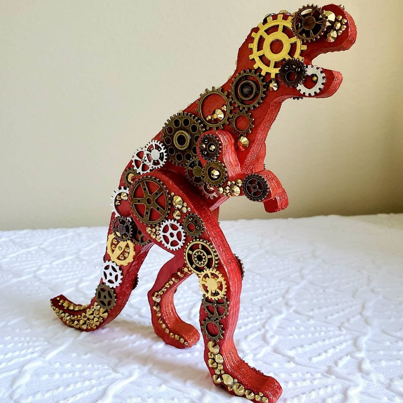 wood and metal sculpture Steampunk Dinosaur figurine Mixed media figurine t-rex home accent Steampunk decor