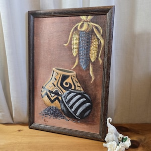Vintage Southwestern Still Life Painting, Rustic Diné Pottery Folk Art, Signed by Artist