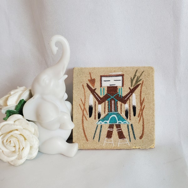 Medicine Man Navajo Sand Painting, Miniature Vintage Southwest Native American Folk Art, Boho Housewarming Gift, Religious Dance Art