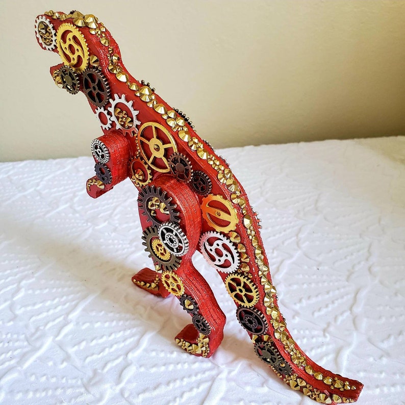 wood and metal sculpture Steampunk Dinosaur figurine Mixed media figurine t-rex home accent Steampunk decor