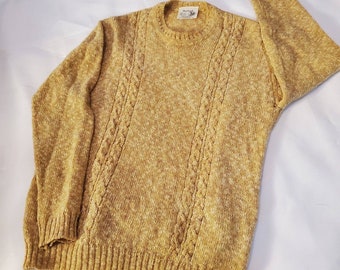 Shetland Wool Blend Yellow Cable Knit Sweater Size M, Vintage Wool Jumper Made in Scotland, Preppy Chic, Grandmillenial Grandpa Core Sweater