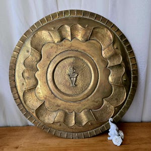 Vintage Brass Serving Tray with Aztec Design, Extra Large Brass Charger Tray 23&quot;, Bohemian Boho Chic Gallery Wall, Mexican Home Decor