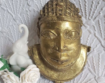 Brass Benin African Mask Wall Plaque: Bohemian Tribal Decor