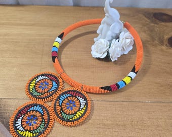 Orange Handmade Maasai Three Circle Beaded Necklace, FAIR TRADE African Zulu Tribal Jewelry