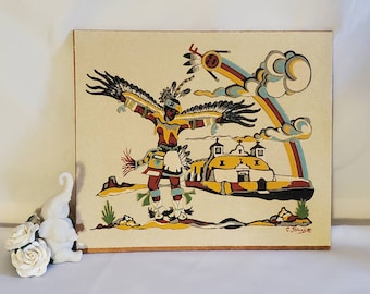 Vintage Eagle Dance Sand Art by C. Johnson: Rustic Indigenous Southwest Decor