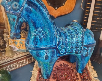 16" Bitossi Trojan Horse by Aldo Londi Italy,RARE Rimini Blue Ceramic Horse Decor, Italian Pottery, Horse Lover Equestrian Gift