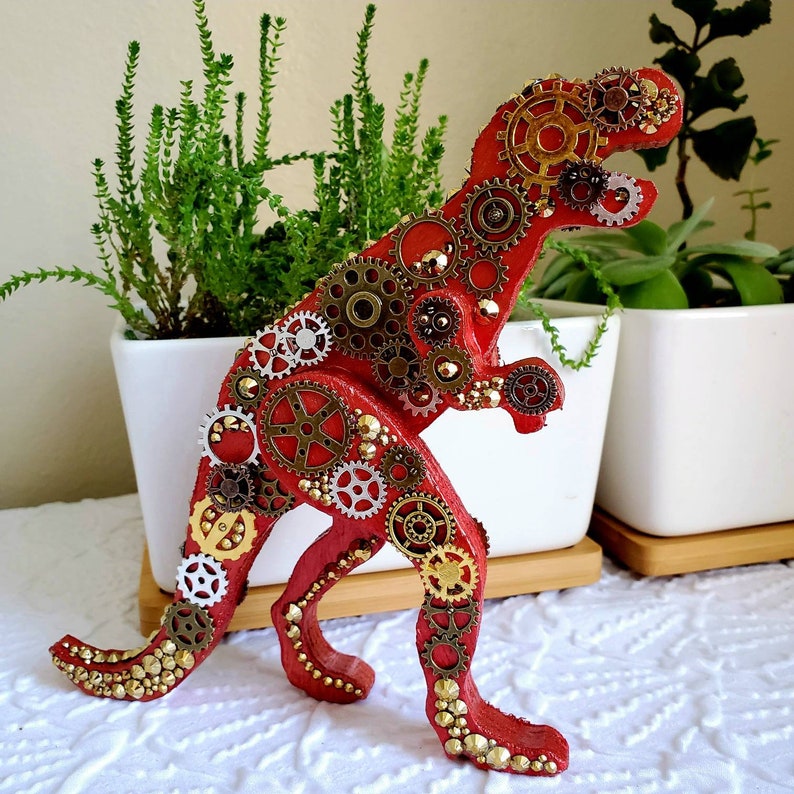 wood and metal sculpture Steampunk Dinosaur figurine Mixed media figurine t-rex home accent Steampunk decor
