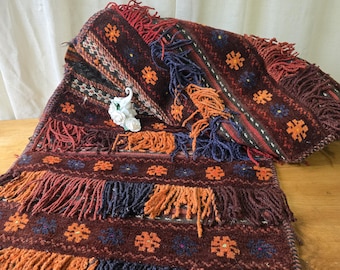 Vintage Turkmen Saddlebag Rug, Wool and Horsehair Fringed Tapestry: Handwoven Floral and Striped Wool Rug Runner
