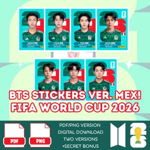 May include: A digital collection of seven BTS member stickers featuring portraits in green Mexico football jerseys. Each sticker includes the name, birth date, and height of the individual. The text reads BTS STICKERS VER. MEX! FIFA WORLD CUP 2026.