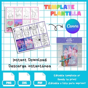 May include: A digital template with the words "TEMPLATE PLANTILLA" in colorful letters. The image includes coloring pages, a "Canva" logo, and a "Happy Birthday" card with crayons. Text reads "Instant Download" and file type icons.