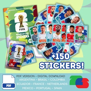 Puede incluir: Una colección de pegatinas de la Copa Mundial de la FIFA 2026 y un álbum. El álbum y los paquetes de pegatinas presentan el trofeo de la Copa Mundial de la FIFA. La imagen incluye tarjetas de jugadores y el texto "+150 STICKERS!".