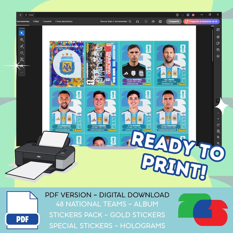 May include: Digital download of a soccer sticker pack featuring Argentinian players. The image shows a computer screen displaying the sticker designs, with the text "READY TO PRINT!" and "PDF VERSION - DIGITAL DOWNLOAD". Includes gold and special hologram stickers.