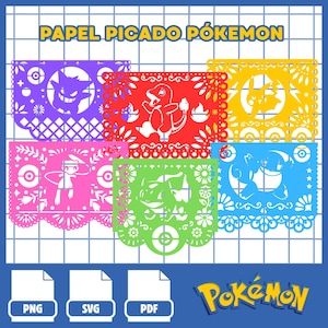Puede incluir: Banderas de papel picado coloridas con personajes de Pokémon. Las banderas son de color morado, rojo, amarillo, rosa, verde y azul. Cada bandera tiene un diseño único de Pokémon, con bordes decorativos recortados. La imagen también incluye iconos de tipo de archivo para PNG, SVG y PDF.