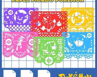 Papel picado vector, Day of the Dead, Halloween, SVG, Cricut Cameo, PNG, Ofrenda, Pokemon, Pikachu, Mexican Paper Cut, Gengar, DIY decoration