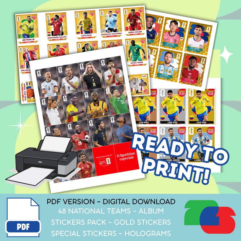 May include: A collection of soccer player trading cards, ready to print. The cards feature various players in their team uniforms. The image includes a printer, the words "Ready to Print!" and text that reads "PDF Version - Digital Download".