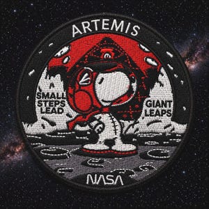 May include: Embroidered patch featuring Snoopy in an astronaut suit on a lunar surface. The patch has the word "ARTEMIS" at the top, with "SMALL STEPS LEAD" and "GIANT LEAPS" on either side of Snoopy. The NASA logo is at the bottom.