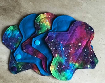 Set of 5, Daily/Panty Liners, various lengths, 2.5 Inch Snapped Width. Absorbent, Reusable, Washable & Eco Friendly. "The Cosmic Coochie"!
