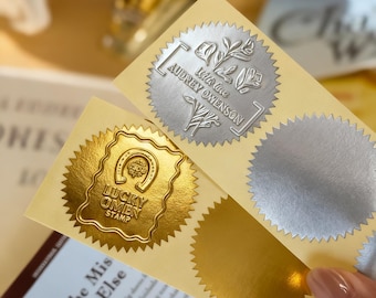 Elegantes pegatinas con relieve dorado y plateado / Etiquetas con sello de aluminio de 45 mm para bodas