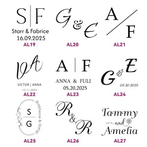 Könnte beinhalten: Eine Sammlung von Hochzeitskarten-Designs mit eleganter Kalligraphie. Jedes Design enthält Initialen, Namen und Daten. Die Stile reichen von klassisch bis modern, mit verschiedenen Schriftarten und Layouts. Die Daten sind im Format Tag, Monat, Jahr angegeben.
