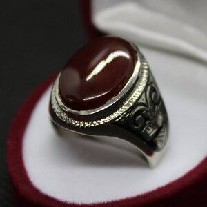 Men Oval Shape Unheated & Untreated Brown Aqeeq Agate Onyx Hakik Aqiq Carnelian Handmade Ring 925 Silver Sterling Handmade Ring