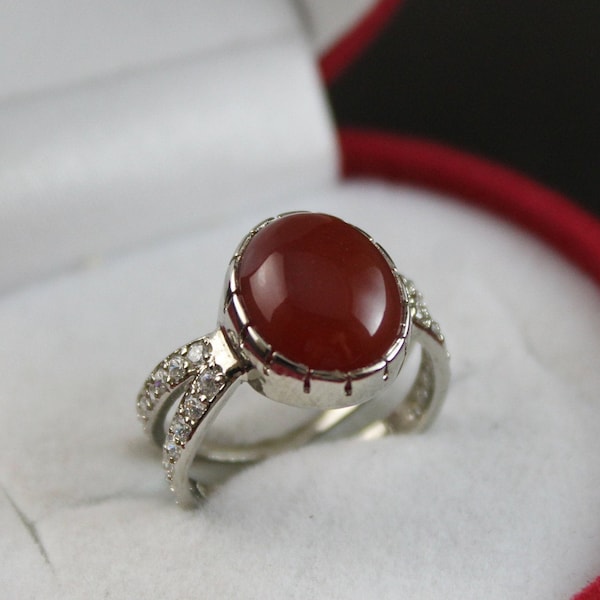 Women Oval Shape Unheated & Untreated Brown Aqeeq Agate Onyx Hakik Aqiq Carnelian Handmade Ring 925 Silver Sterling with Rhodium Finishing