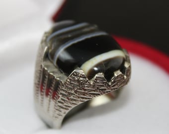Handmade Sulemani Black Aqeeq Agate Ring: 925 Sterling Silver Mens Ring