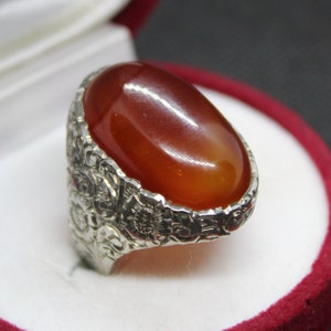 Men and Women Oval Shape Unheated & Untreated Orangish Brown Aqeeq Agate Onyx Hakik Aqiq Carnelian Handmade Ring 925 Silver Sterling