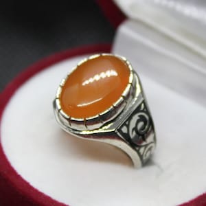 Men and Women Oval Shape Unheated & Untreated Orangish Brown Aqeeq Agate Onyx Hakik Aqiq Carnelian Handmade Ring 925 Silver Sterling