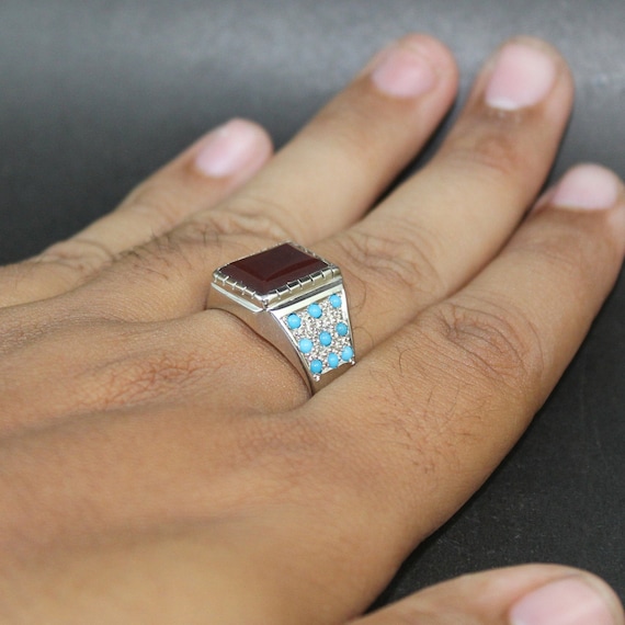 Natural Square Shape Brown Aqeeq Agate Carnelian Mens With Little Feroza Stone With Handmade Ring in 925 Silver Sterling Etsy Canada