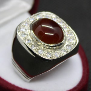 Natural Oval Shape Yemeni Brown Aqeeq Agate Carnelian Cabochon Men Handmade Ring in 925 Silver Sterling