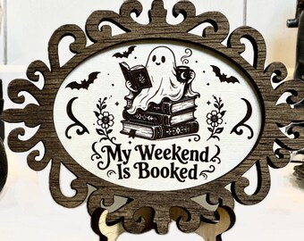 Goth Ghost Reading Sign, Halloween Bookish Decor, Rustic Spooky Library Shelf Sign
